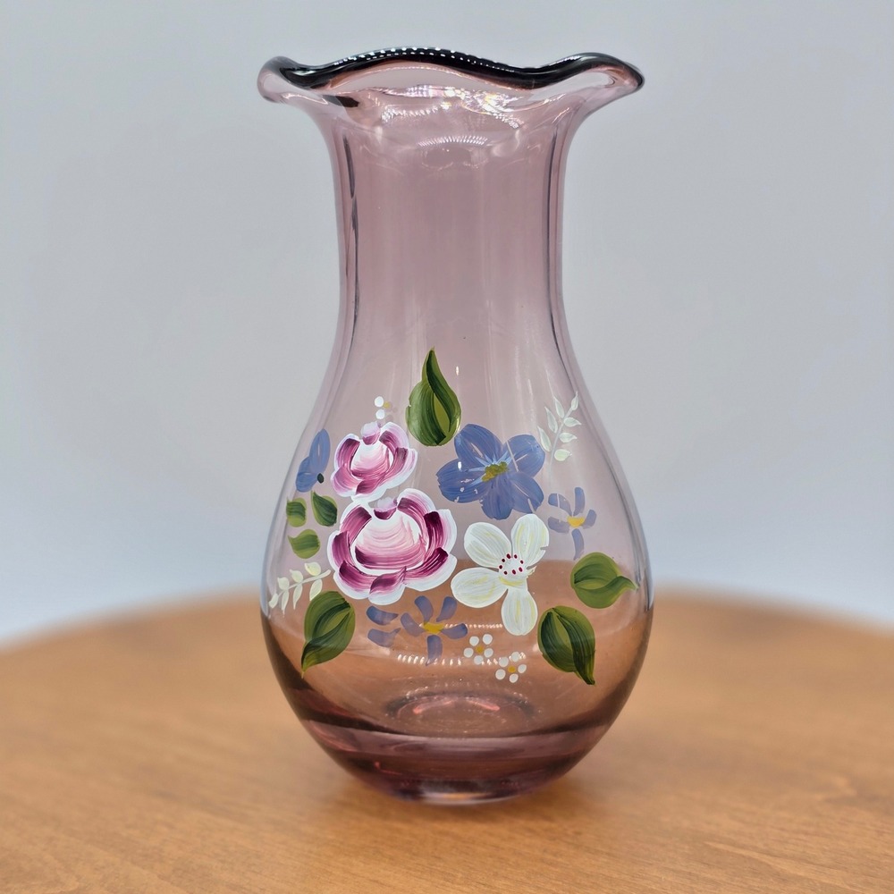 Vintage‎ Fenton Amethyst Purple Glass Hand painted floral Vase